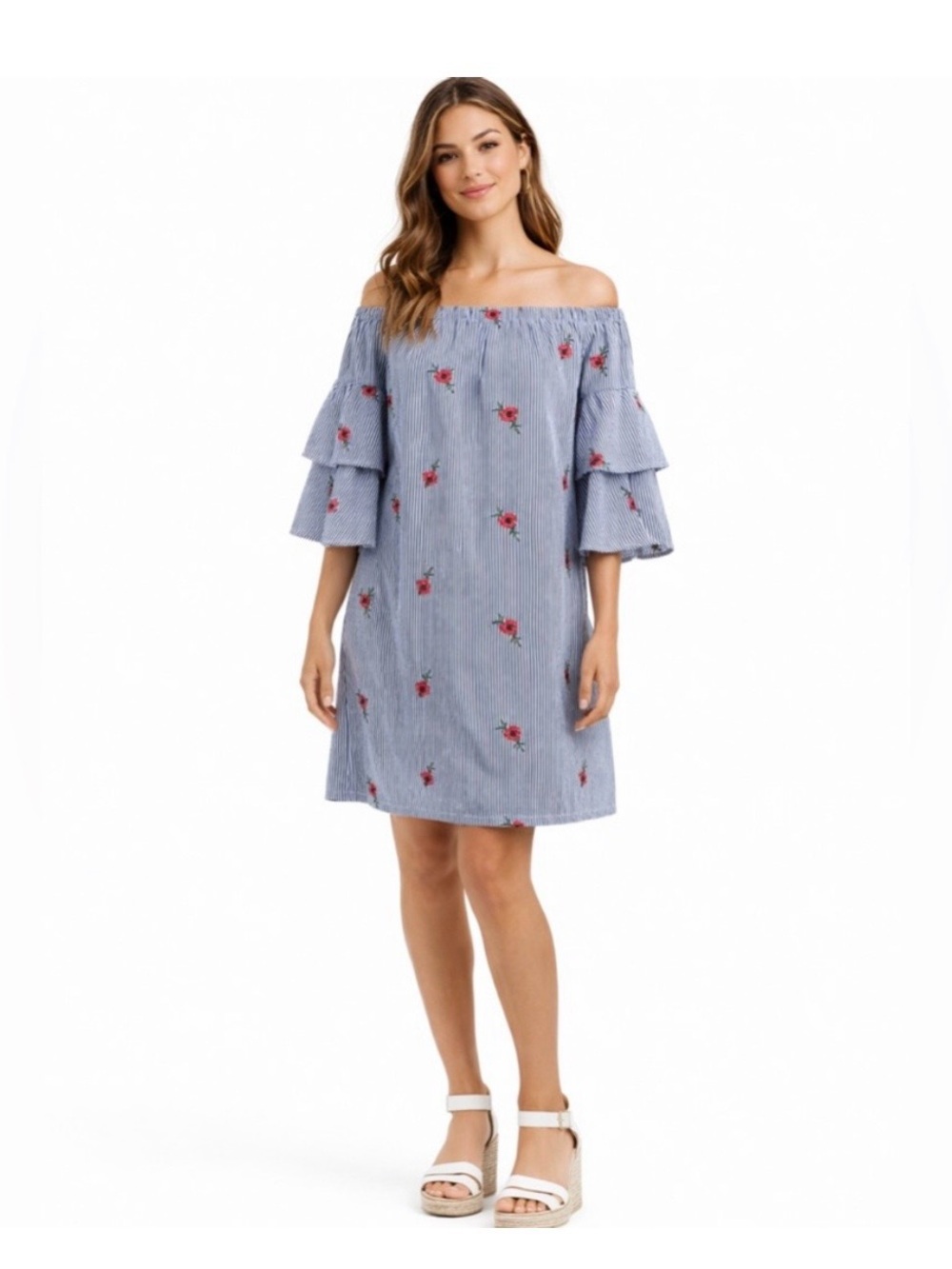 Striped Off-Shoulder Dress with Pink Rose Embroidery